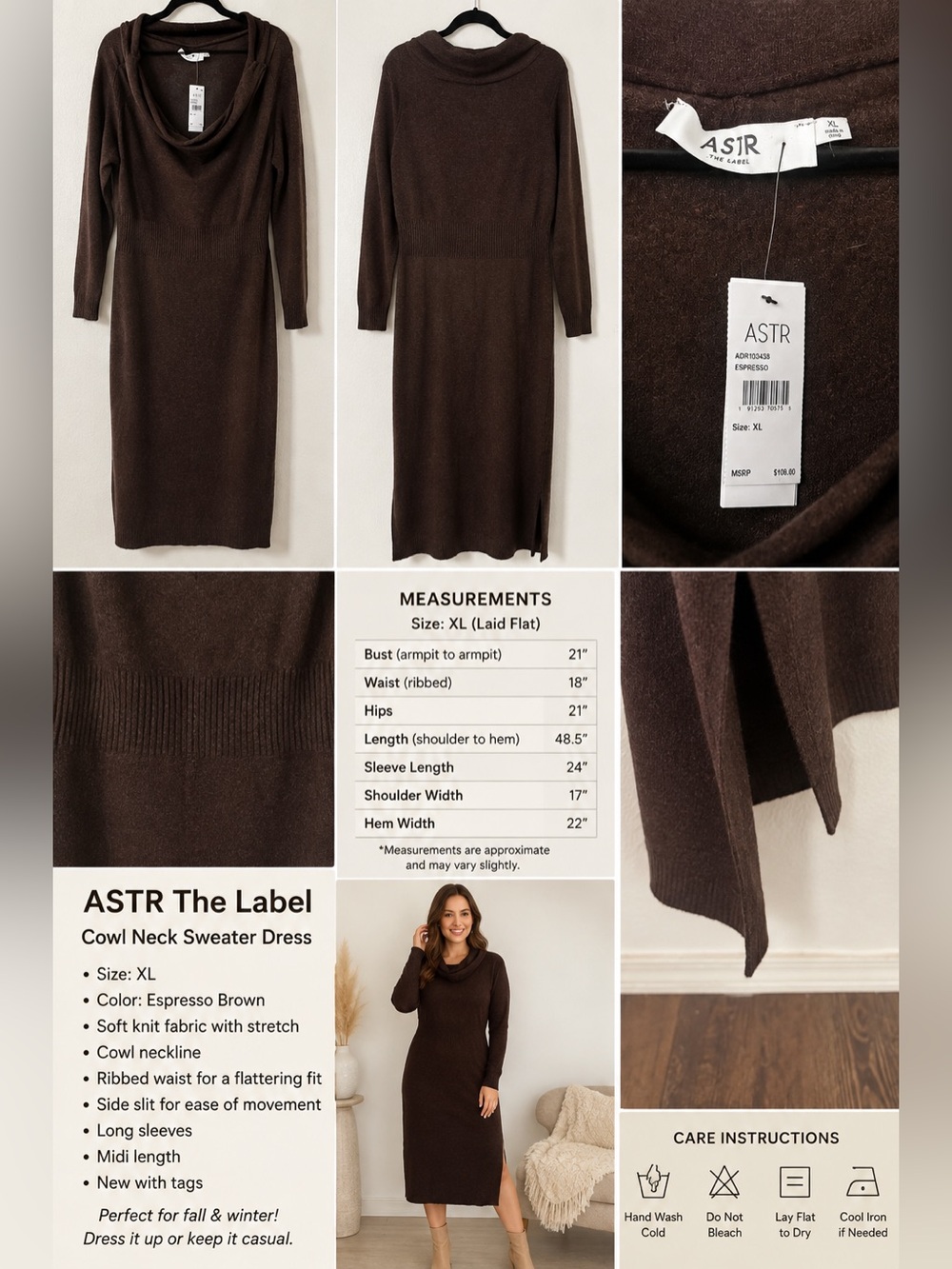 ASTR The Label Espresso Brown Cowl Neck Knit Midi Dress – Size XL – NWT